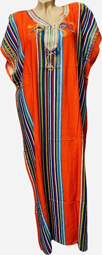 Merkloos Kaftan/jurk Lang Gestreept Met Borduursel XXL Oranje 3 Merkloos Kaftan/jurk Lang Gestreept Met Borduursel XXL Oranje