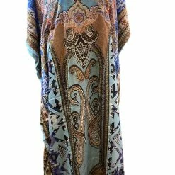 Merkloos Kaftan Met Steentjes Extra Lang Onesize 42-50 Turqoise/blauw/bruin