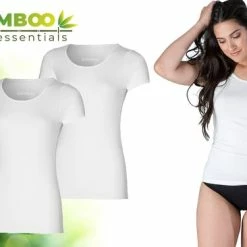 Bamboo Essentials - T Shirt Dames - Bamboe - Ronde Hals - 2 Stuks - Wit - S - Anti Zweet Shirt - Ondershirt - Extra Lang