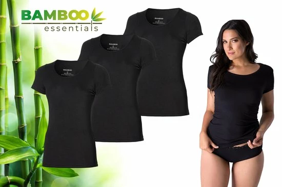Bamboo Essentials - T Shirt Dames - Ronde Hals - 3 Stuks - Zwart - M - Bamboe Ondershirt - Onderhemd - Dames Shirts Korte Mouw 3 Bamboo Essentials - T Shirt Dames - Ronde Hals - 3 Stuks - Zwart - M - Bamboe Ondershirt - Onderhemd - Dames Shirts Korte Mouw