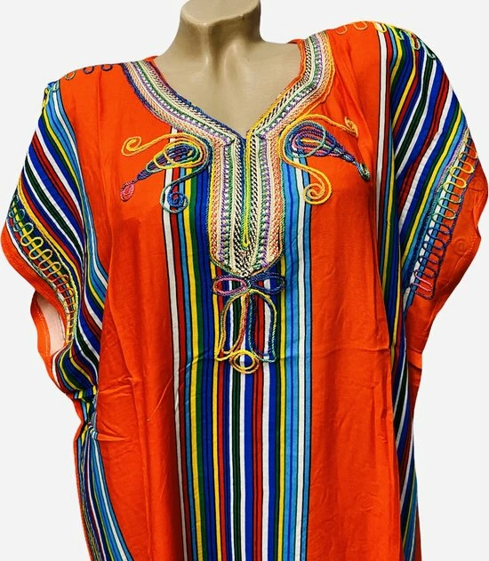 Merkloos Kaftan/jurk Lang Gestreept Met Borduursel XXL Oranje 4 Merkloos Kaftan/jurk Lang Gestreept Met Borduursel XXL Oranje - Afbeelding 2